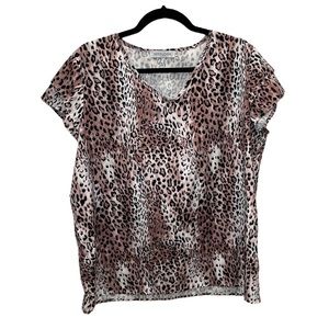 FREE MISSLOOK Pink and Black Leopard Print V Neck Short Sleeve Blouse